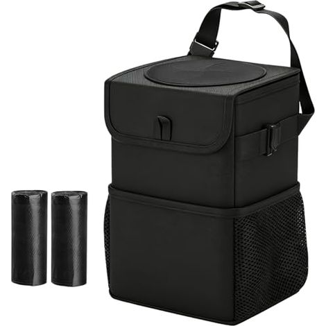 Poubelle de Voiture avec Couvercle - Imperméable et Anti-Fuite, Pliable 6L avec Poches de Rangement - Sangle Réglable pour SUV, Camion et Voiture, Noirm (1/5)
