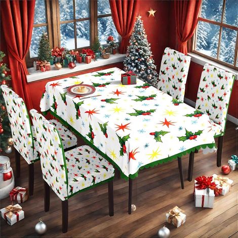 Ensemble de nappe et housse de chaise de Noël en soie de lait imperméable, imprimé, référence TC-249 (140 x 210 cm). (1/3)