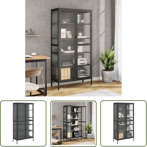 The Living Store Highboard Schwarz 85x40x180 cm Glas und Stahl - Hochschrank - Sideboard - Regal - Wohnzimmermöbel - Modernes Design (1/5)