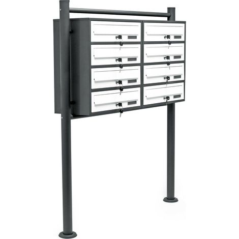Bloque de 8 buzones, pie de apoyo 2x4, compartimento superpuesto, acero galvanizado antracita y blanco 160000050