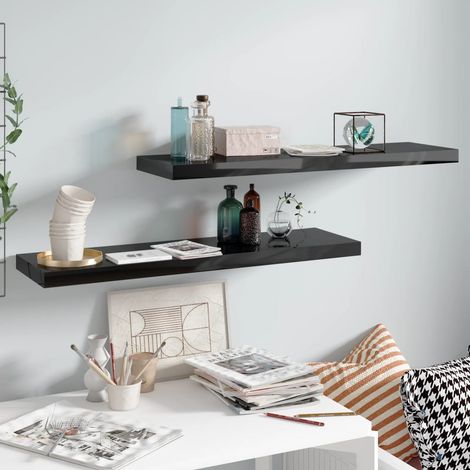 Floating Wall Shelves 2 pcs High Gloss Black 90x23.5x3.8 cm MDF vidaXL