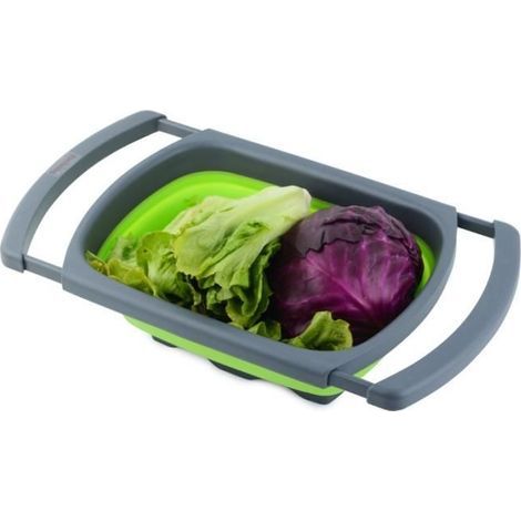 Passoire pliable haut de gamme Bonapeti - Fonction main libre verte et noir en silicone -avec des poignees extensibles (1/3)
