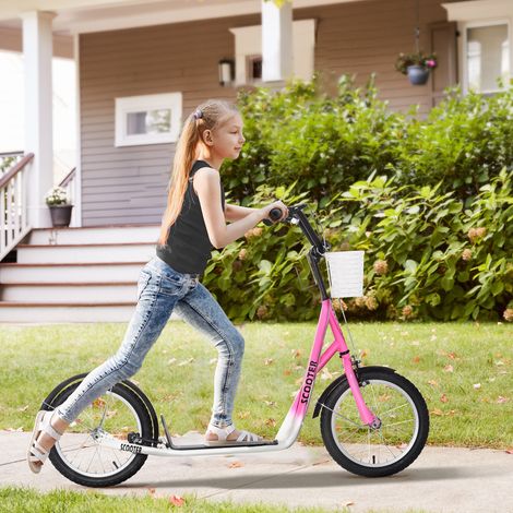 Patinete infantil con freno, cesta incluida, altura regulable, para niños de 5 a 12 años, blanco + rosa (1/5)