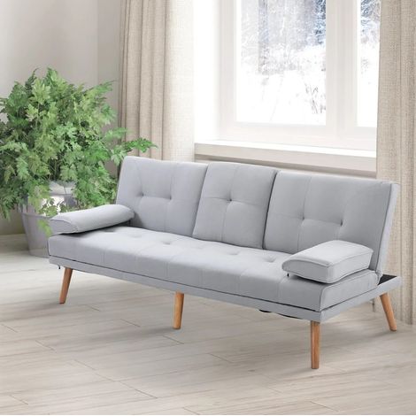 Canapé convertible 3 places en polyester gris clair 181 cm, dossier réglable et tablette intégrée (1/5)