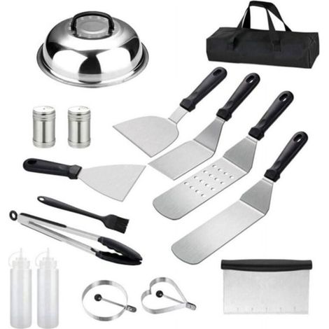 Accessoires pour barbecue, kit d'accessoires pour plaque de cuisson, ensemble de 16 ustensiles plats en acier inoxydable, spatule et ustensiles de cuisine avec sac de transport pour barbecue en extéri (1/5)