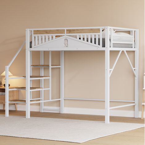 Letto a soppalco in metallo 140x200 cm bianco con scala di sicurezza e spazio contenitore (1/5)