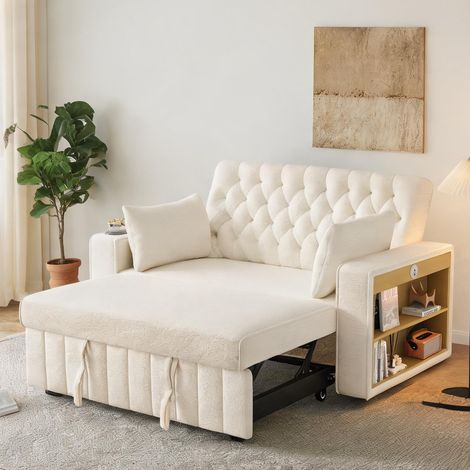 Canapé-lit beige avec rangement et porte-gobelet en chenille (1/5)