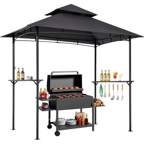 Gazebo de Barbecue, 243 x 150 cm, Tonnelle de BBQ Extérieur avec Toit à 2 Niveaux, Abri de Barbecue de Patio en Acier à Revêtement de Poudre, pour Grillades, Fêtes, Pique-niques, Jardin, Patio (1/5)