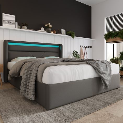 Cama con espacio de almacenamiento tapizada en PU gris 140x200 cm con LED en cabecero y somier de láminas