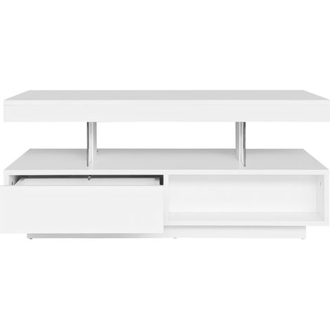 Mesa de centro blanca brillo 95 x 50 x 42,5 cm con 4 vidrios, 2 cajones y 2 huecos (1/5)