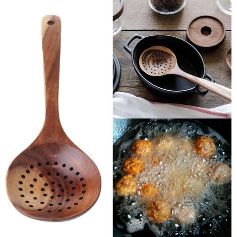 FOLODA Passoire à manche long en bois, écumoire ustensiles de cuisine (1/5)