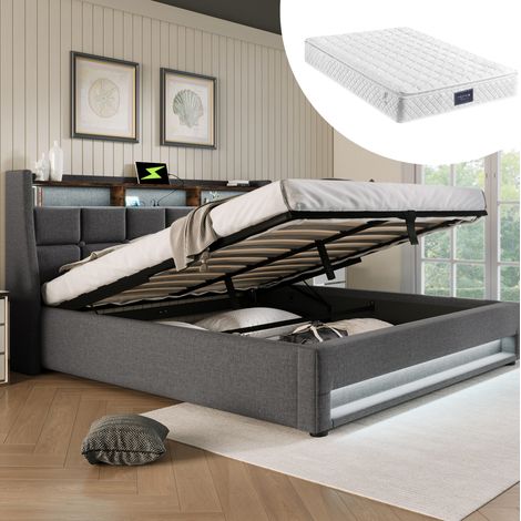 lit adulte double rangement 140x200 LED USB lin gris OKMYHOME (1/5)