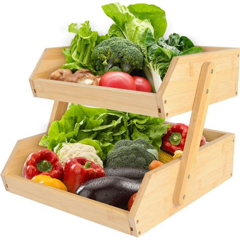 Corbeille à fruits en bambou à 2 niveaux, rangement pour corbeille à fruits, bol à fruits, support à fruits, rangement pour pain, légumes, décoration pour la maison (1/5)