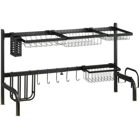 Abtropfgestell für die Spüle, 2-stufig verstellbar, Edelstahl, 93 x 30 x 52 cm, schwarz
