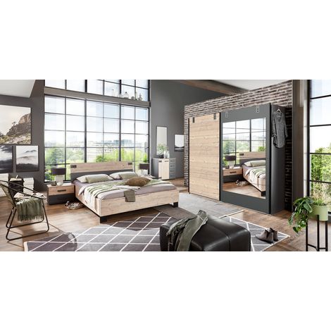 Chambre à coucher complète adulte (lit 180x200 cm + 2 chevets + armoire + commode) coloris chêne -PEGANE- (1/2)