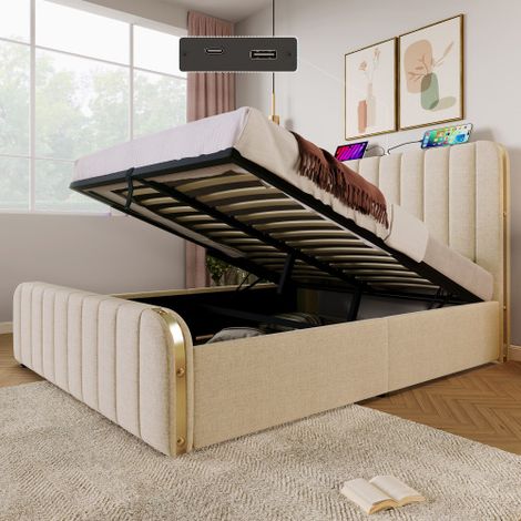 Letto matrimoniale imbottito con testiera decorata con strisce dorate e funzione di ricarica USB Type-C, 140190 cm, rivestimento in lino beige, letto contenitore idraulico, portata 181 kg (senza mater