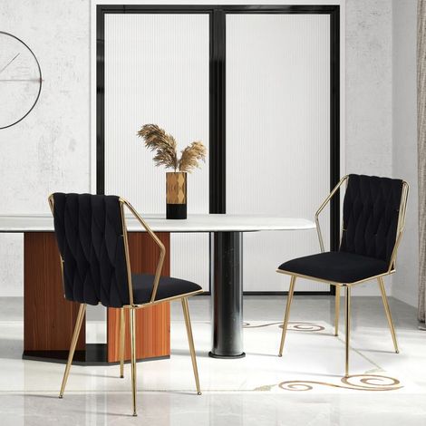 2er Set Esszimmerstühle, Skandinavisch, Sessel, Gepolsterter Stuhl, Samtstoff, Metallbeine, Für Küche, Wohnzimmer, Schlafzimmer, Schwarz