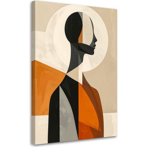 Quadro su tela, Silhouette minimalista di una donna in una composizione cromatica beige e arancione. - 30x45 (1/2)