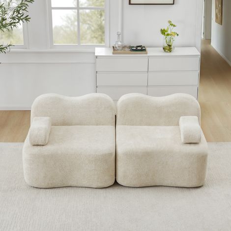 Canapé modulaire sans armature 2 places, forme ondulée, coussins d’assise profonds, coussin d’accoudoir mobile, pour salon et appartement, aucun montage requis, beige (1/5)