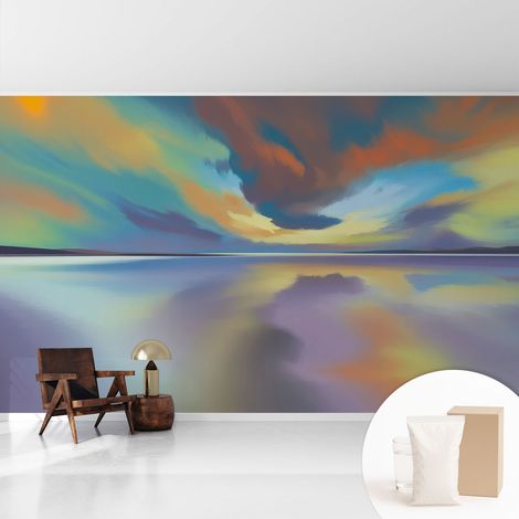 Papier peint intissé décoratif avec colle pour salon chambre et bureau Installation rapide Coucher de soleil arc-en-ciel 416x254 cm (1/5)