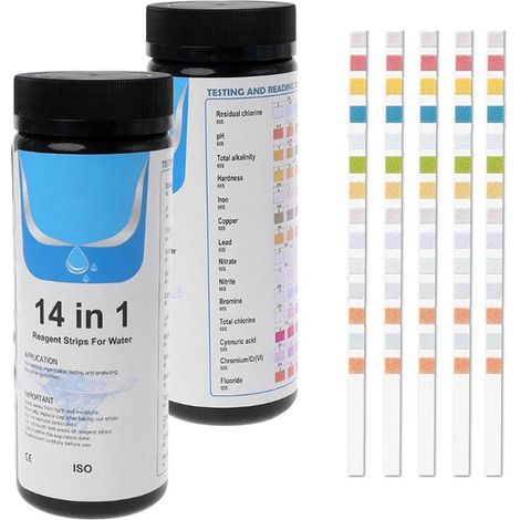 Bandelettes de test d’eau 14-en-1 – 100 unités – test rapide de pH, chlore et dureté – usage domestique et piscine (1/5)