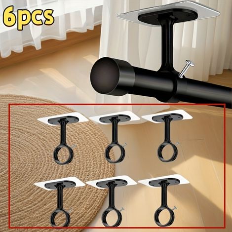 Juego de 6 soportes para barras de cortina de techo, sin taladros, para dormitorios y baños. Negro. (1/5)