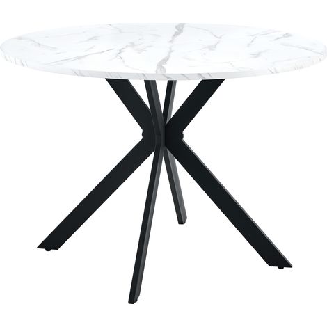 Table à manger ronde 110 cm aspect marbre blanc MDF avec piètement métallique en X noir (1/5)