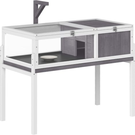 Casetta/recinto in legno per tartarughe con casetta principale, finestra di osservazione e copertura, dimensioni 104 cm x 53 cm x 82 cm, colore bianco e grigio, disponibile in loco. (1/5)