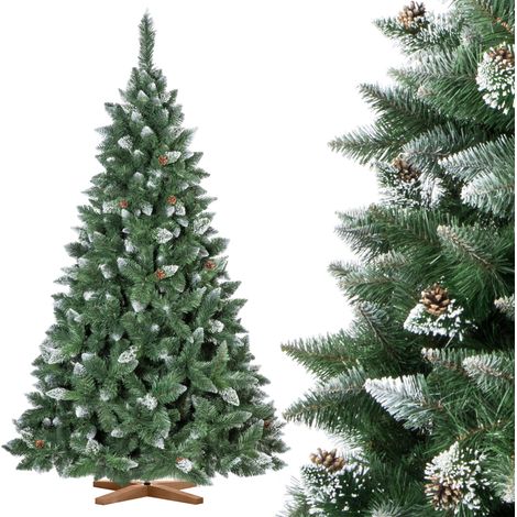 Sapin de Noël artificiel 220 cm enneigé – Vert foncé – Effet neige avec pommes de pin naturelles – Pied en bois solide – Fairytrees