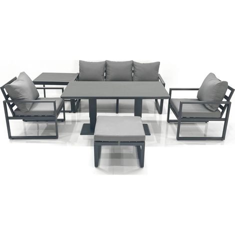 Fimous Outdoor Aluminium Garden Furniture Set with Adjustable Rising Lifting Dining Table 3 Seater Sofa 2 Chair Big Footstool Side Table Dark Grey (1/5)