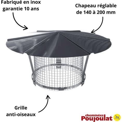 Poujoulat – Chapeau chinois inox réglable 140-200 mm – Grillage anti-oiseau – Résistant jusqu'à 600 °C – Installation rapide et sécurisée