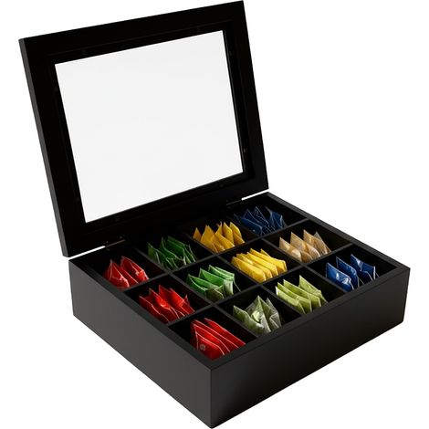 Relaxdays Tea Box, 12 Compartments, Bamboo, Tea Bag Storage with Viewing Window, HxWxD: 8 x 28 x 23 cm, Black (1/5)
