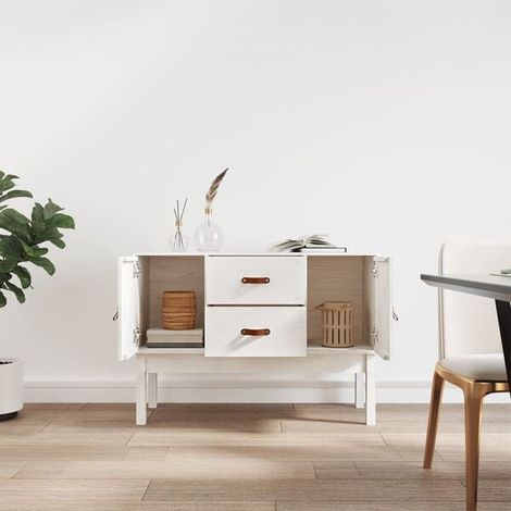 Buffet Bas de Cuisine en Bois Massif Pin, 110x40x78 cm, Meuble de Rangement Blanc avec Portes et Étagères pour Salon Salle à Manger (1/5)