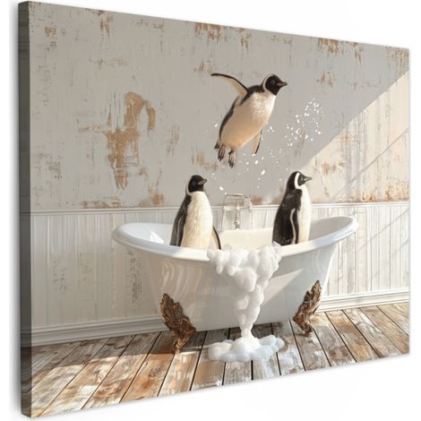TABLEAU SUR TOILE Vintage - Pingouin - Baignoire - Mousse Décoration Murale 40x30 cm
