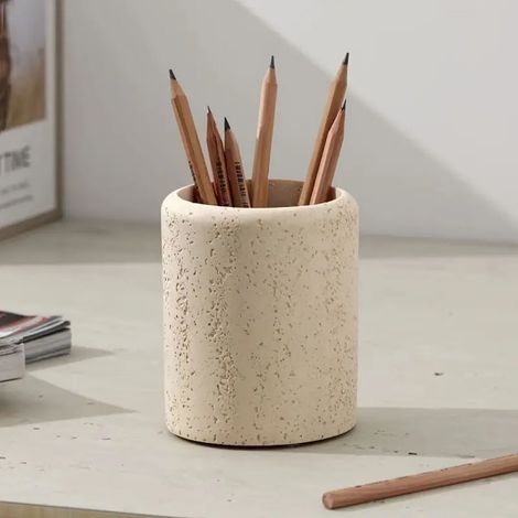 1 Porte-crayon cylindrique de style bohème, porte-crayon en pierre de style travertin, surface polie portable