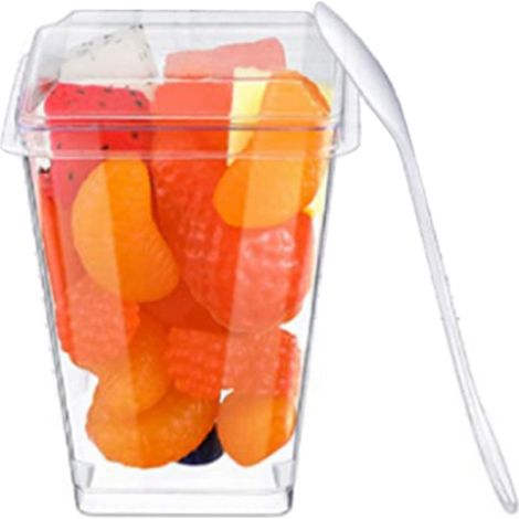 Coupes à dessert transparentes avec couvercles, réutilisables, trapézoïdales, transparentes, faciles à nettoyer, idéales pour les parfaits, les amuse-bouche, les fruits et les crèmes glacées.