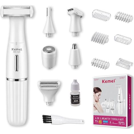 Rasoir Electrique Femme 6-en-1, Verrouillage Voyage Tondeuse Sans Fil 6000 RPM, IPX4 Anti-éclaboussures, Rasoir Visage, Aisselles, Jambes, Bras et Maillot (1/5)
