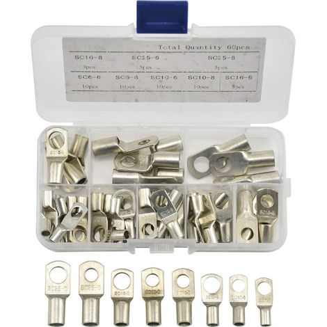 Cosses à sertir(lot de 60), cosses pour câbles électriques, en cuivre étamé, avec trou de boulon, connecteurs à sertir/souder pour câbles de 6 m, 8 m, 10 m, 16 m et 25 m. (1/5)