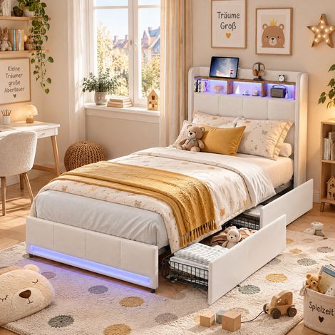 HYTKKBD - Lit Simple 90x200 cm avec 2 Tiroirs,Lit capitonné avec Éclairage LED et Ports USB,Cadre de Lit avec Sommier à Lattes,Facile à Assembler,Tissu en Lin - Beige (1/5)