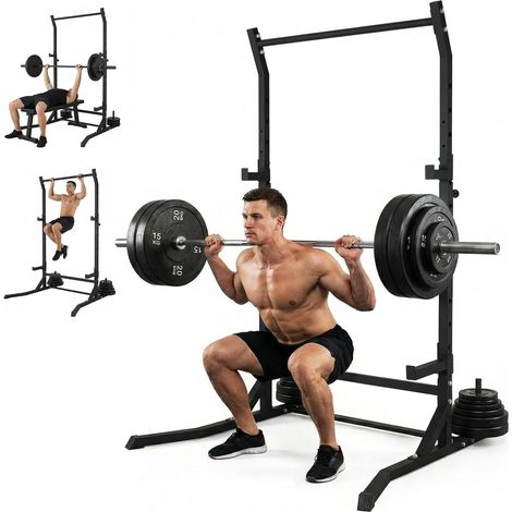 Power Cage Squat Rack Belastbar, Kraftturm Multifunktionales Power Rack für Home Gym Dip Stange, Verstellbarem J-Haken & Sicherheitsstangen für Klimmzüge mit Langhantel (1/5)