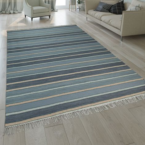 Paco Home Annodato A Mano Kilim Tappeto Design A Strisce Prezioso Con Frange In Turchese 120x170 cm (1/4)