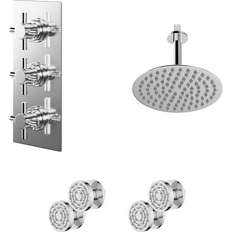 Cross Polished Chrome Concealed Triple Thermostatic Shower Valve and 200mm Round Head with 150mm Ceiling Arm and 4 Body Jets - 2 Outlet (1/5)