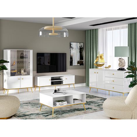Wohnzimmer Möbel Set in Hochglanz weiß GUBIN-131 im edlen Design mit goldfarbenen Akzenten (1/5)
