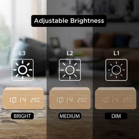 Thermomètre Numérique Réveil Réveil Numérique Bois Réveil À Bois LED Digital avec Chargeur sans Fil, Réveil en Bois avec Chargeur (1/4)