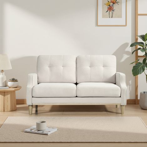 Divano dritto da 2 posti in tessuto poliestere beige con porta USB e piedini in legno (1/5)