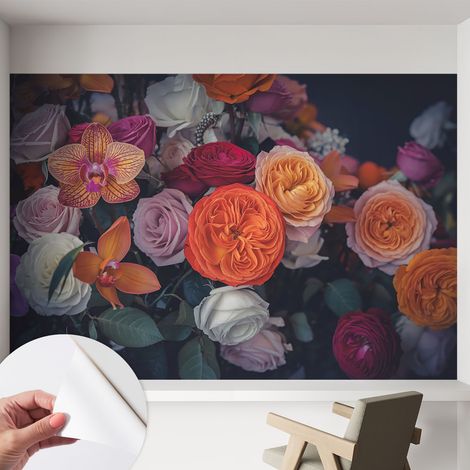 Papier peint autocollant décoratif à motifs pour salon chambre et bureau Tapete adhésif pour décoration Bouquet coloré 152x104 cm (1/5)