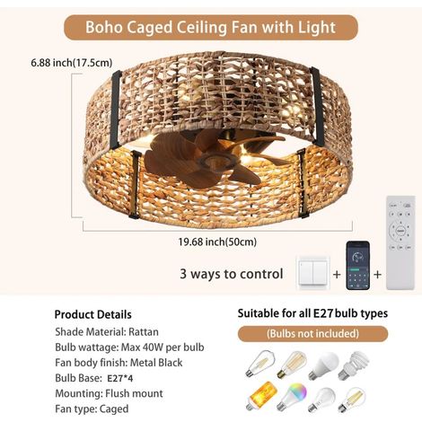 Ganeed Ventilatore da soffitto Boho Fandelier da 20" con luce, ventilatore da soffitto con gabbia in rattan, luce e telecomando, 6 velocità, per camera da letto, soggiorno, veranda e camera dei bambin