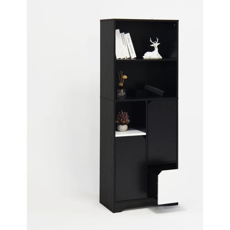 Librería con 2 Estantes Abiertos, 1 Puerta y 2 Cajones, Estilo Moderno, en Tablero de Partículas, Negro, 60×35×160 cm (1/5)