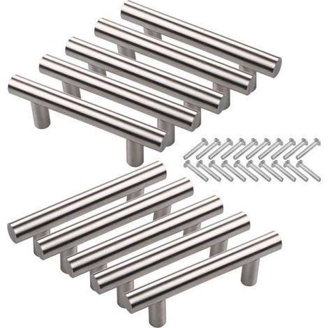 10Pcs Entraxe 64mm Poignée de Porte d\'Armoire avec Vis en Acier Inoxydable T Creux Brossé en Forme Meubles de Cuisine Placard (1/4)