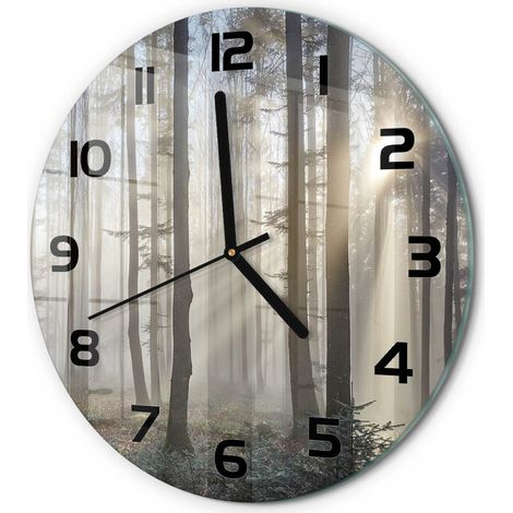 Horloge Murale Ronde Décoration Murale Verre Trempé Design Artistique Brouillard dans la forêt fi 30 cm (1/5)